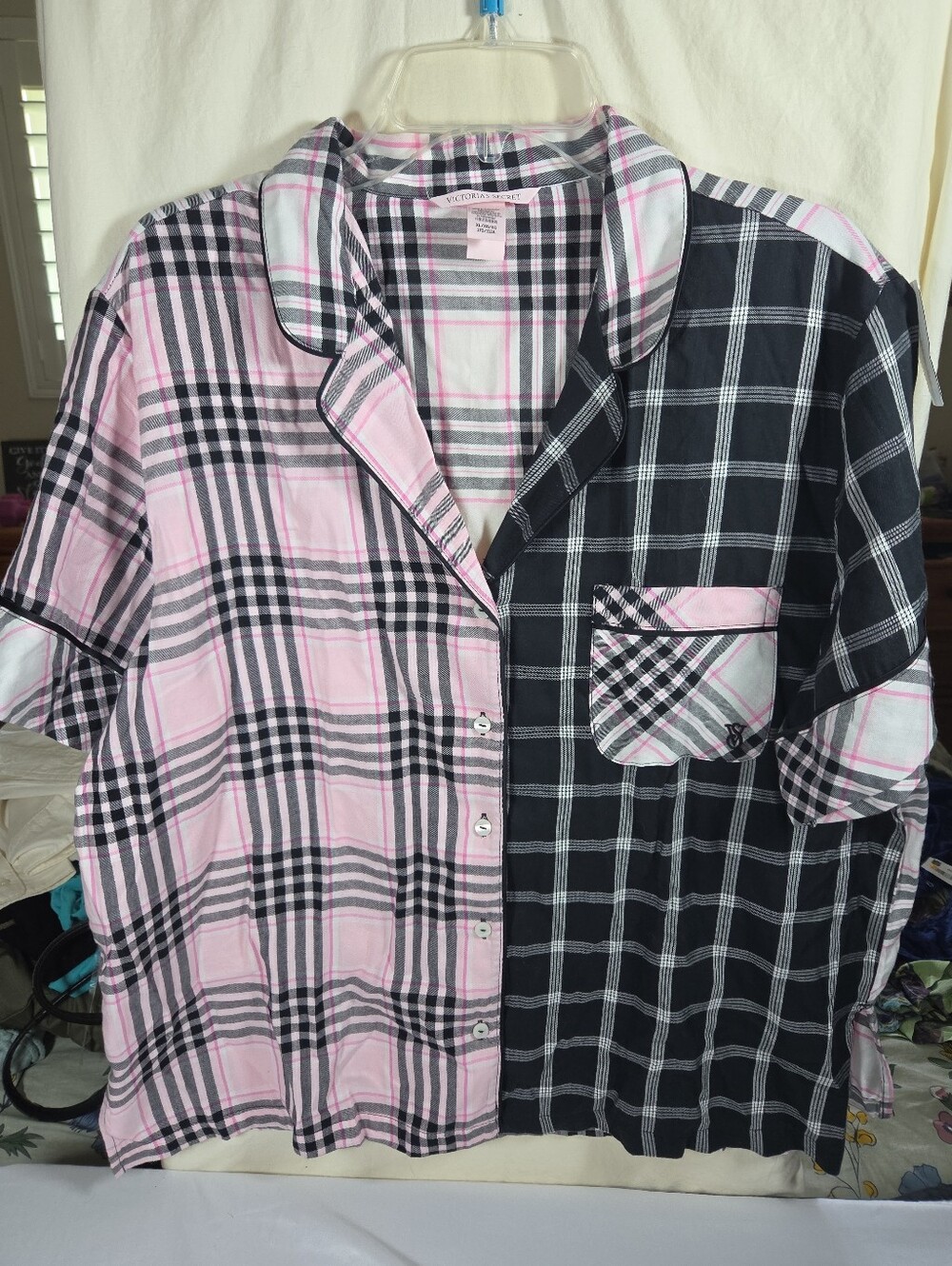Victoria's Secret Pink and Black Plaid Short-Sleeve Button-Up Shirt
